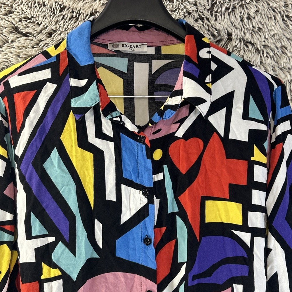 Big Dart Shirt Size 3XL Colorful Art Blouse 80s 90s Y2K Retro Button Up Abstract - Picture 2 of 8